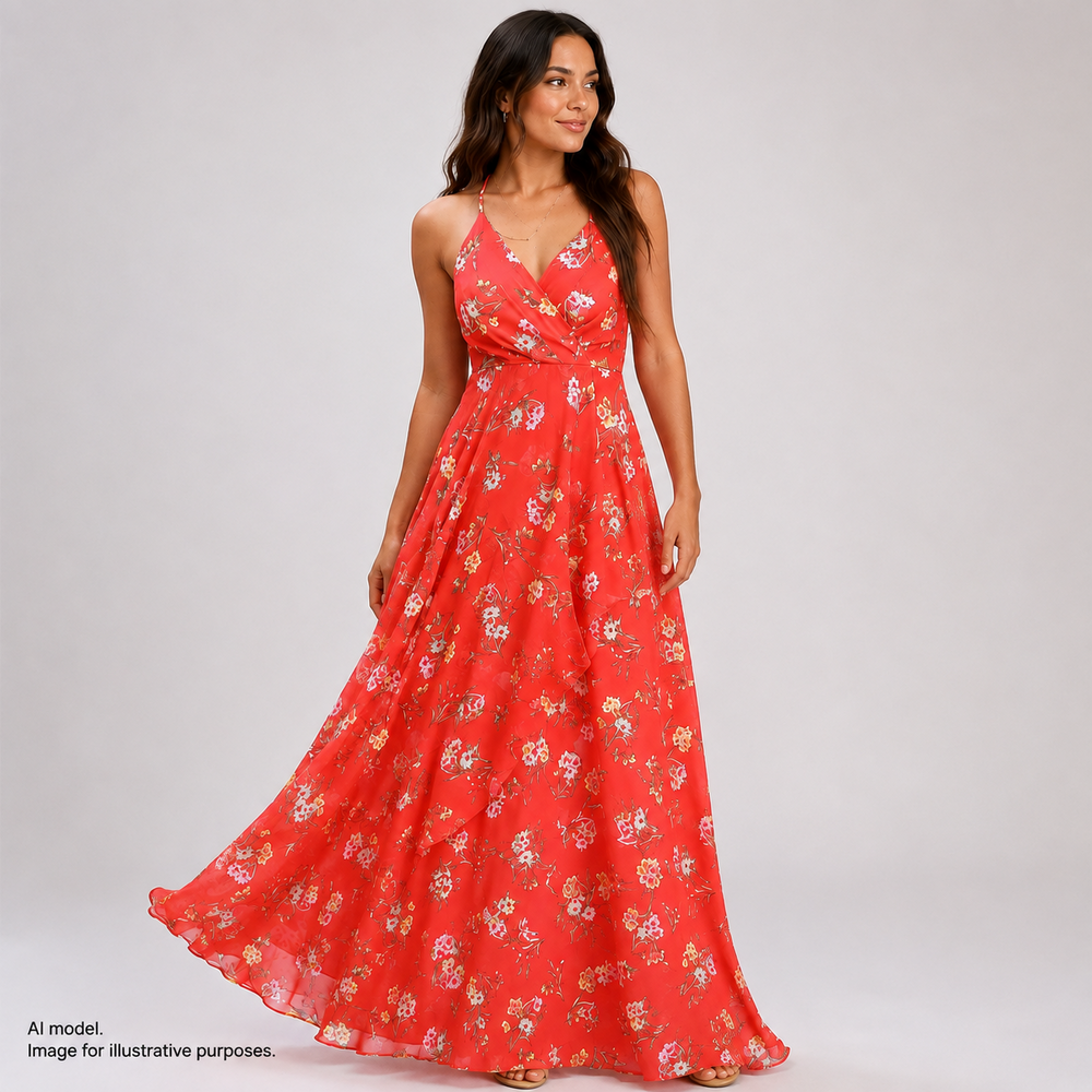 Lulus Dress Women Medium Coral Floral Flowy Maxi HOCO Prom Wedding Cruise TAGS